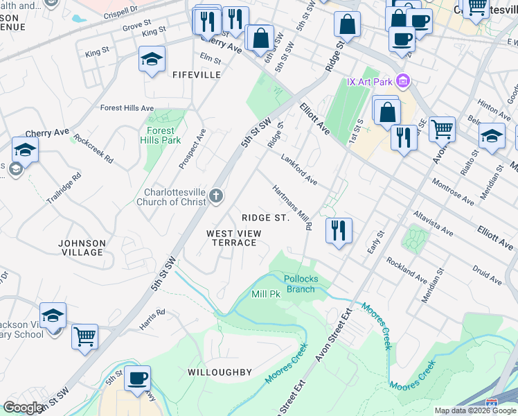 map of restaurants, bars, coffee shops, grocery stores, and more near 123 Paynes Mill Road in Charlottesville