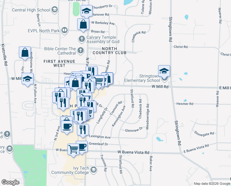 map of restaurants, bars, coffee shops, grocery stores, and more near 425 Pemberton Avenue in Evansville