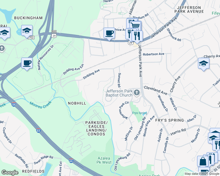 map of restaurants, bars, coffee shops, grocery stores, and more near 222 Huntley Avenue in Charlottesville