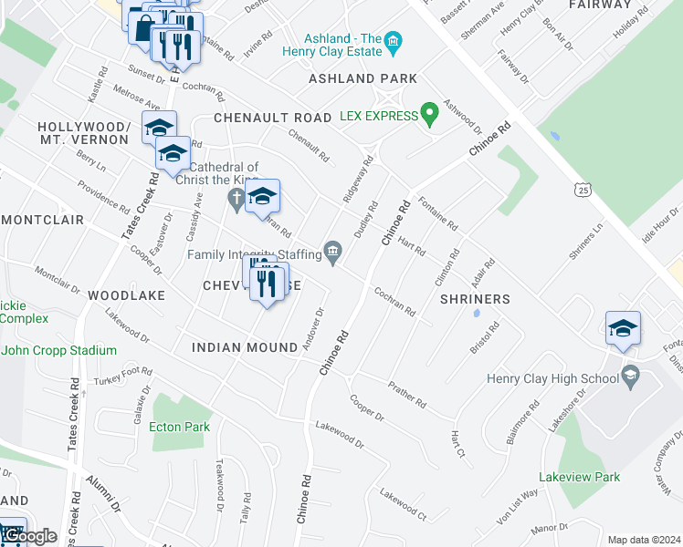 map of restaurants, bars, coffee shops, grocery stores, and more near 1500 Cochran Road in Lexington