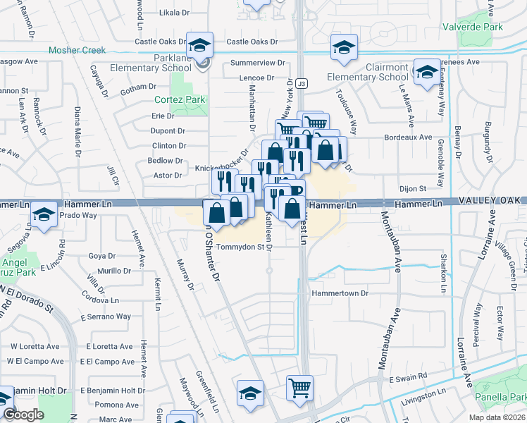 map of restaurants, bars, coffee shops, grocery stores, and more near 1210 East Hammer Lane in Stockton