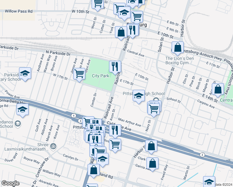 map of restaurants, bars, coffee shops, grocery stores, and more near 116 Oak Place in Pittsburg