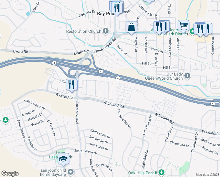 map of restaurants, bars, coffee shops, grocery stores, and more near 2154 Bolero Drive in Bay Point