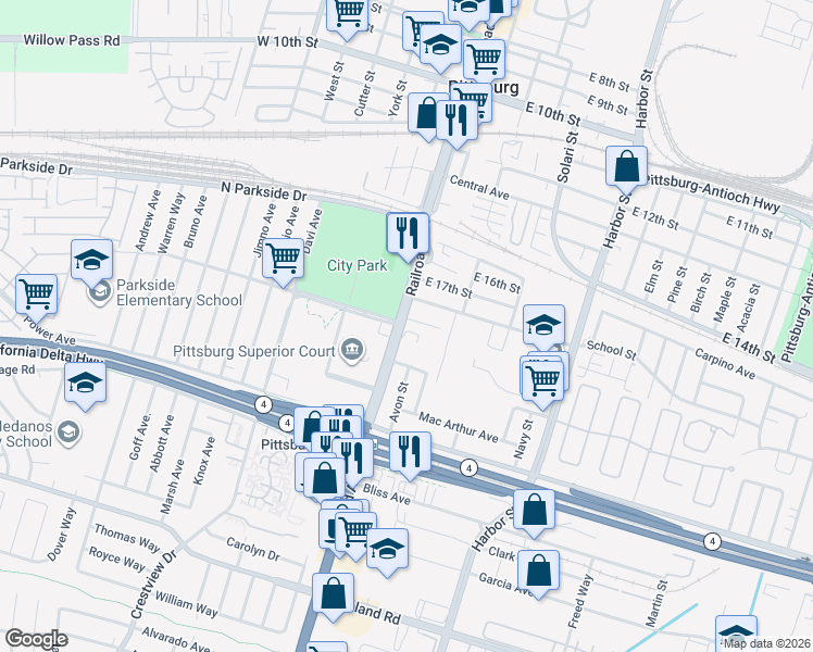 map of restaurants, bars, coffee shops, grocery stores, and more near 142 Oak Place in Pittsburg