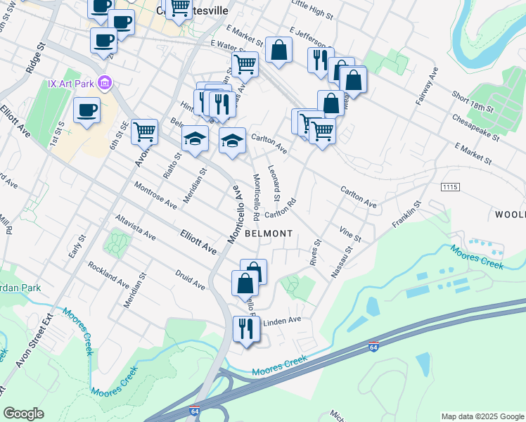 map of restaurants, bars, coffee shops, grocery stores, and more near 1224 Monticello Road in Charlottesville