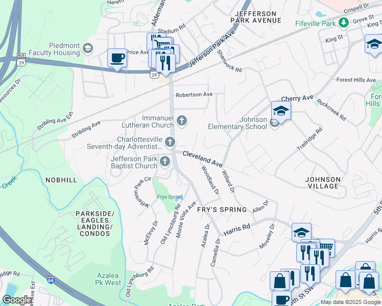 map of restaurants, bars, coffee shops, grocery stores, and more near 111A Hammond Street in Charlottesville