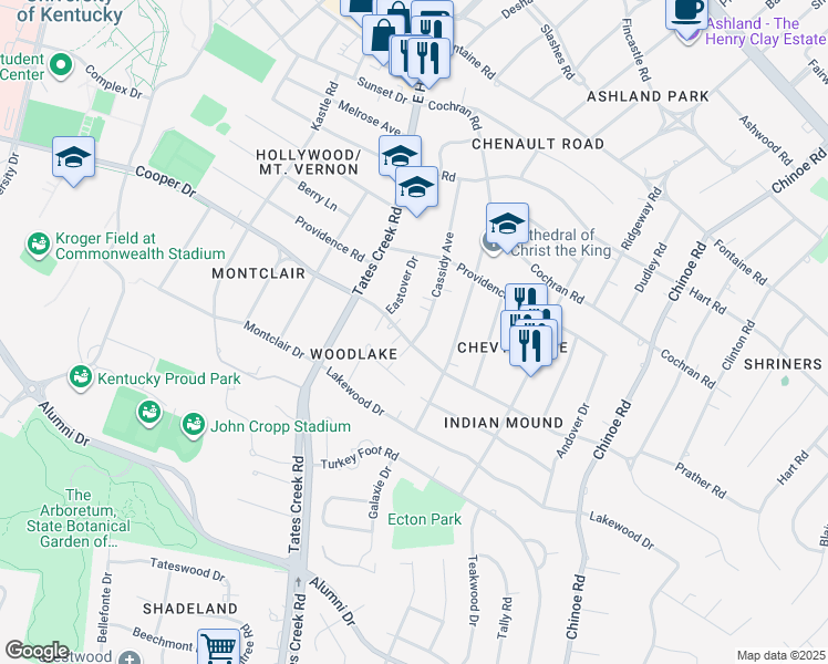 map of restaurants, bars, coffee shops, grocery stores, and more near 1051 Cooper Drive in Lexington