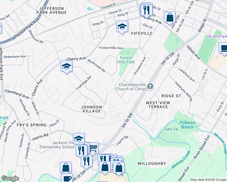 map of restaurants, bars, coffee shops, grocery stores, and more near 1508 Antoinette Ave in Charlottesville