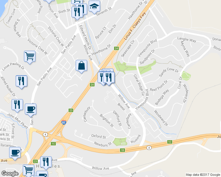 map of restaurants, bars, coffee shops, grocery stores, and more near 1006 Chelsea in Hercules