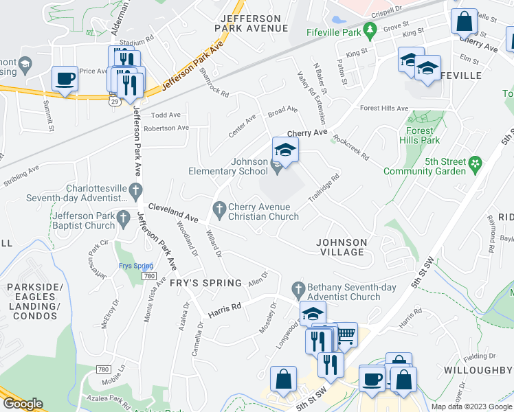 map of restaurants, bars, coffee shops, grocery stores, and more near 927 Bing Lane in Charlottesville