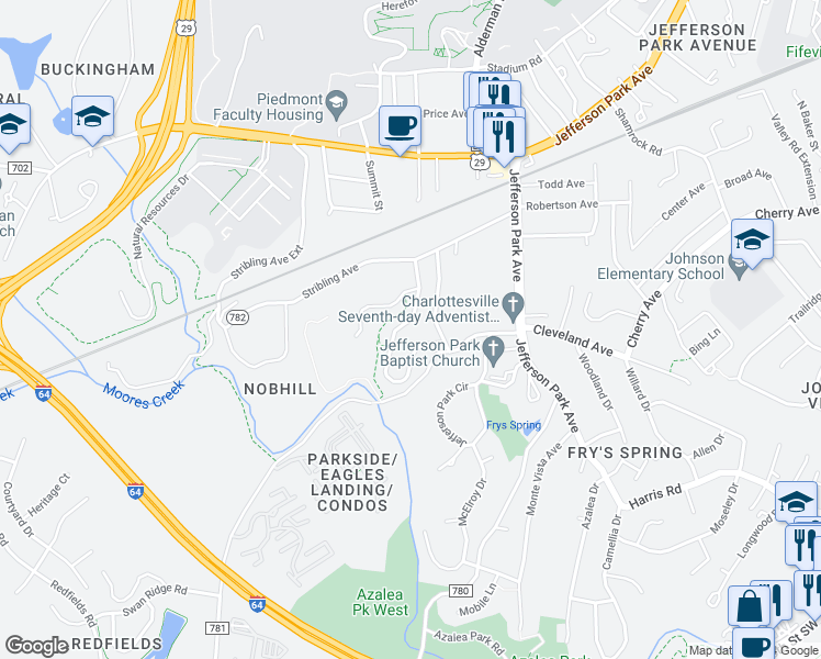 map of restaurants, bars, coffee shops, grocery stores, and more near 218 Huntley Ave in Charlottesville