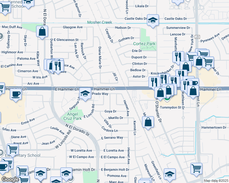 map of restaurants, bars, coffee shops, grocery stores, and more near 459 Prado Way in Stockton