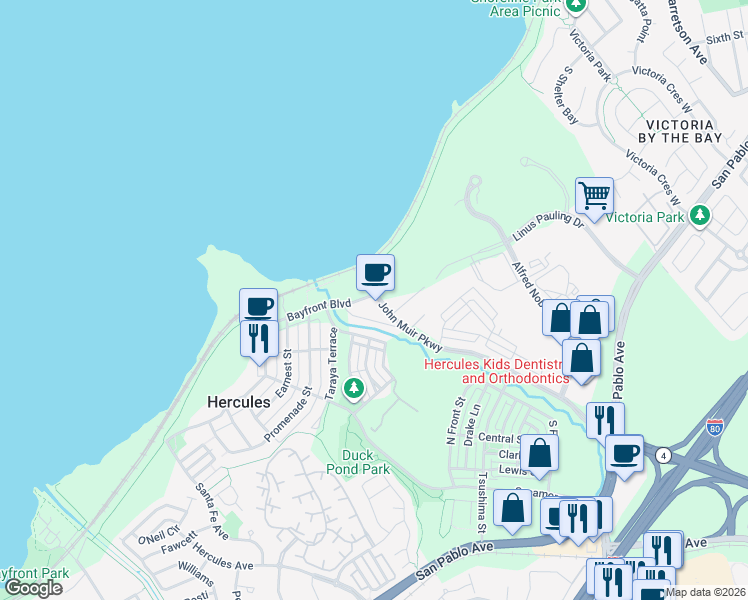 map of restaurants, bars, coffee shops, grocery stores, and more near in Hercules