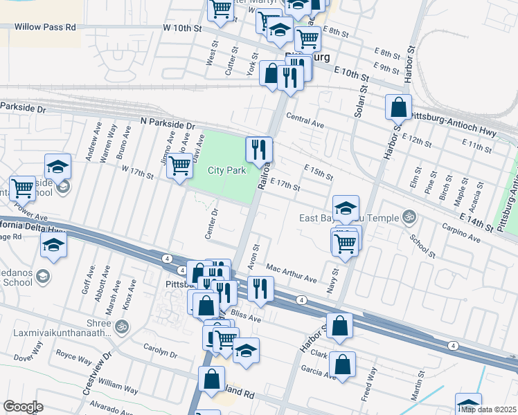 map of restaurants, bars, coffee shops, grocery stores, and more near 142 Oak Place in Pittsburg