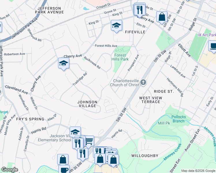 map of restaurants, bars, coffee shops, grocery stores, and more near 1508 Antoinette Ave in Charlottesville