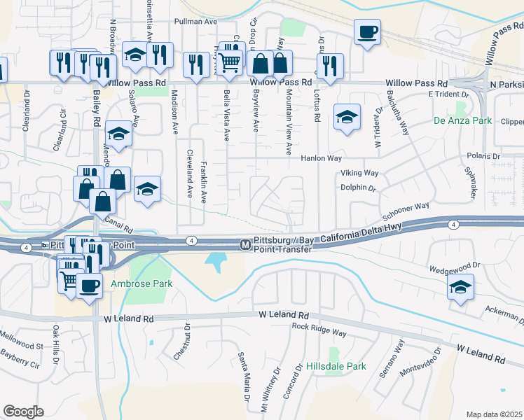 map of restaurants, bars, coffee shops, grocery stores, and more near 193 Maureen Circle in Bay Point