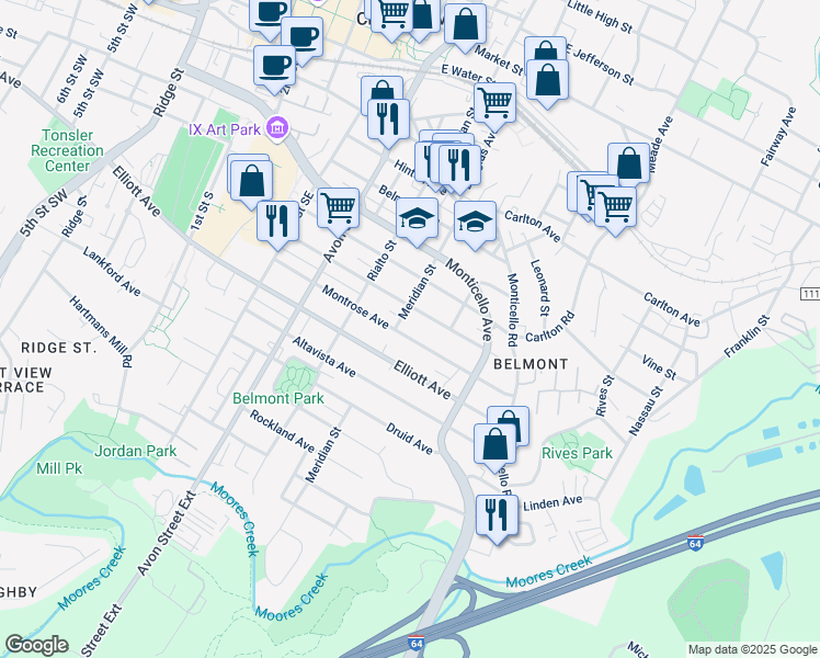 map of restaurants, bars, coffee shops, grocery stores, and more near 905 Montrose Avenue in Charlottesville