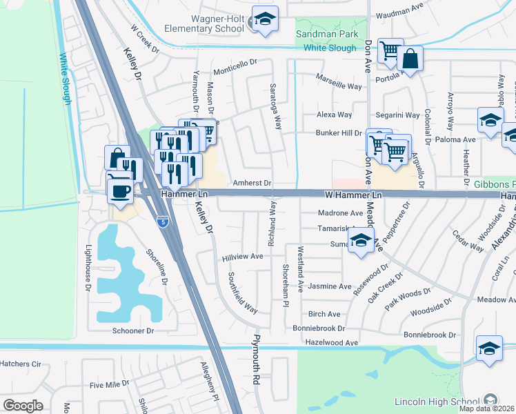 map of restaurants, bars, coffee shops, grocery stores, and more near 2945 Rockford Avenue in Stockton