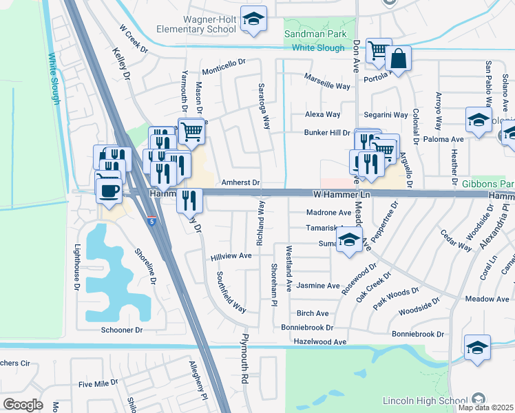 map of restaurants, bars, coffee shops, grocery stores, and more near 2905 Rockford Avenue in Stockton