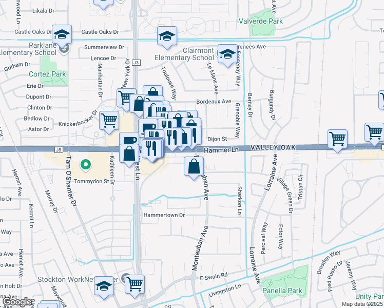 map of restaurants, bars, coffee shops, grocery stores, and more near 1862 East Hammer Lane in Stockton