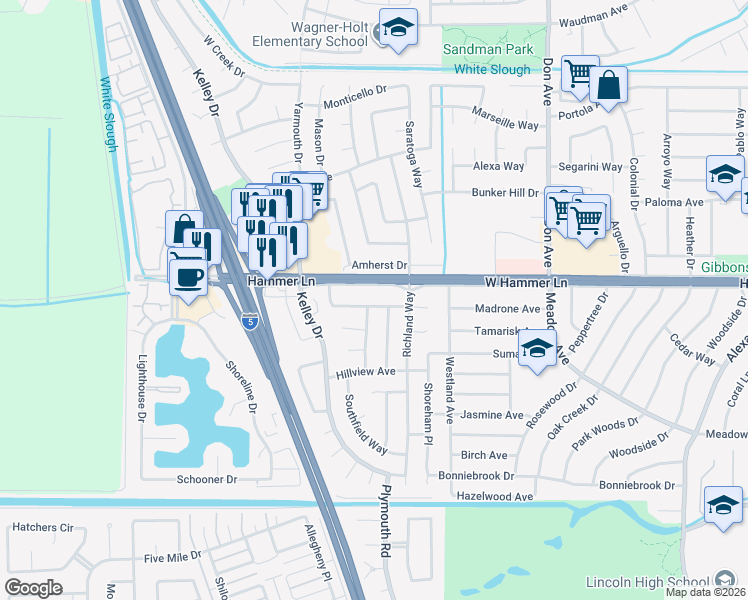 map of restaurants, bars, coffee shops, grocery stores, and more near 2945 Rockford Avenue in Stockton