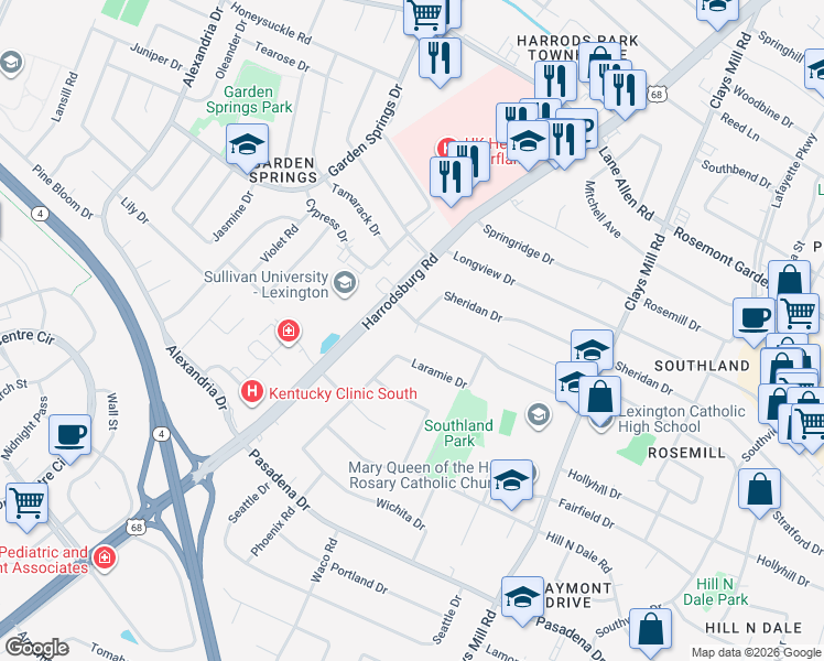 map of restaurants, bars, coffee shops, grocery stores, and more near 656 Cardinal Lane in Lexington