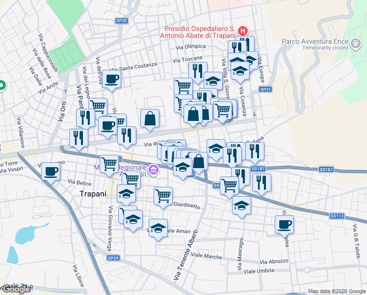 map of restaurants, bars, coffee shops, grocery stores, and more near 14 Via dell'Oca in Trapani