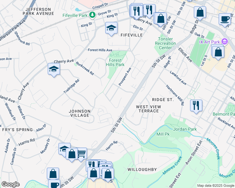 map of restaurants, bars, coffee shops, grocery stores, and more near 806 Prospect Ave in Charlottesville