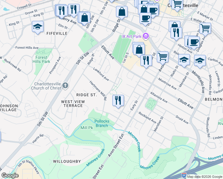 map of restaurants, bars, coffee shops, grocery stores, and more near 1000 1st Street South in Charlottesville