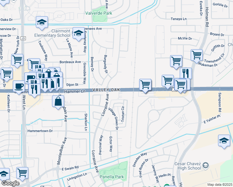map of restaurants, bars, coffee shops, grocery stores, and more near 7720 Lorraine Avenue in Stockton