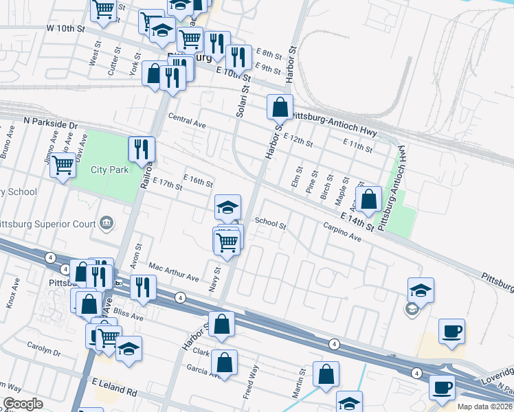 map of restaurants, bars, coffee shops, grocery stores, and more near 405 School Street in Pittsburg