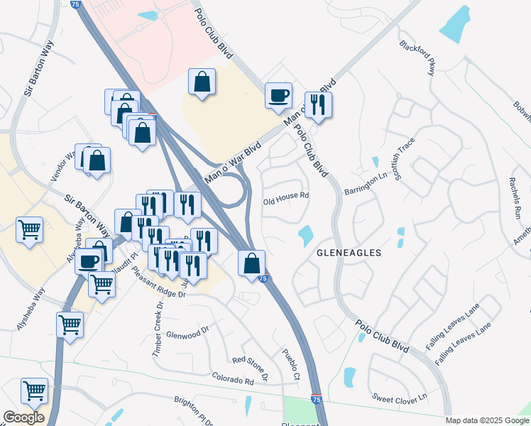 map of restaurants, bars, coffee shops, grocery stores, and more near 3001 Roundway Down Lane in Lexington