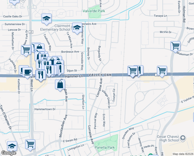 map of restaurants, bars, coffee shops, grocery stores, and more near 2505 Gareth Circle in Stockton