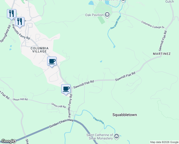 map of restaurants, bars, coffee shops, grocery stores, and more near 21870 Sawmill Flat Road in Sonora