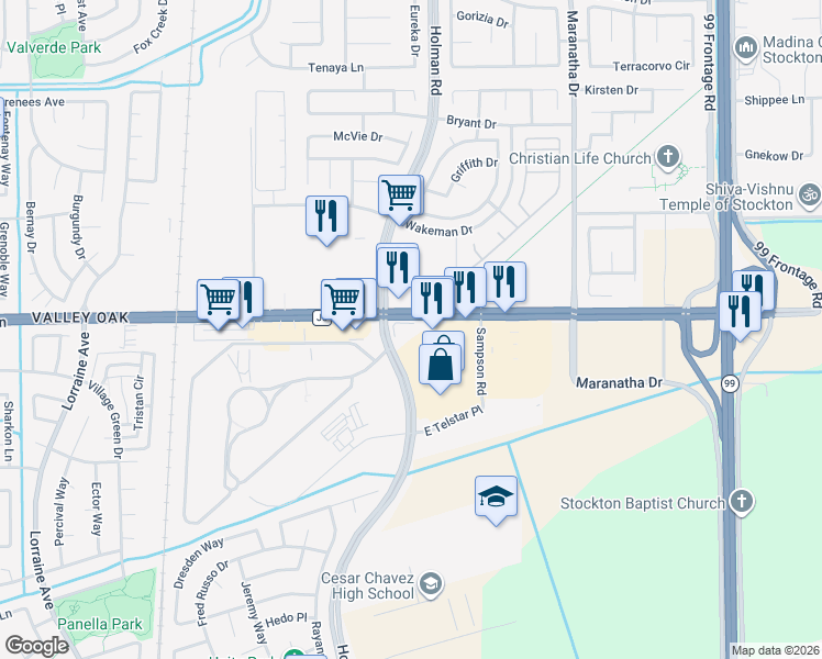 map of restaurants, bars, coffee shops, grocery stores, and more near 3554 E Hammer Ln in Stockton