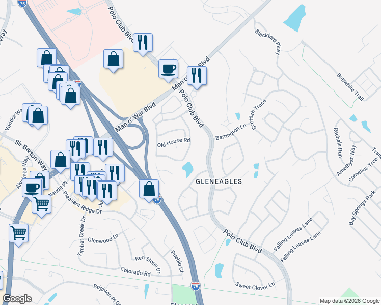 map of restaurants, bars, coffee shops, grocery stores, and more near 3092 Roundway Down Lane in Lexington