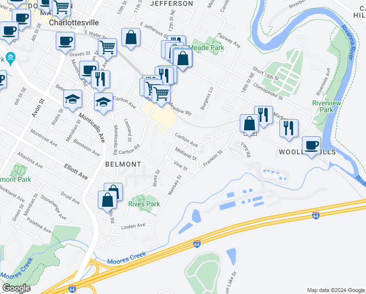 map of restaurants, bars, coffee shops, grocery stores, and more near 1414 Sunrise Park Lane in Charlottesville