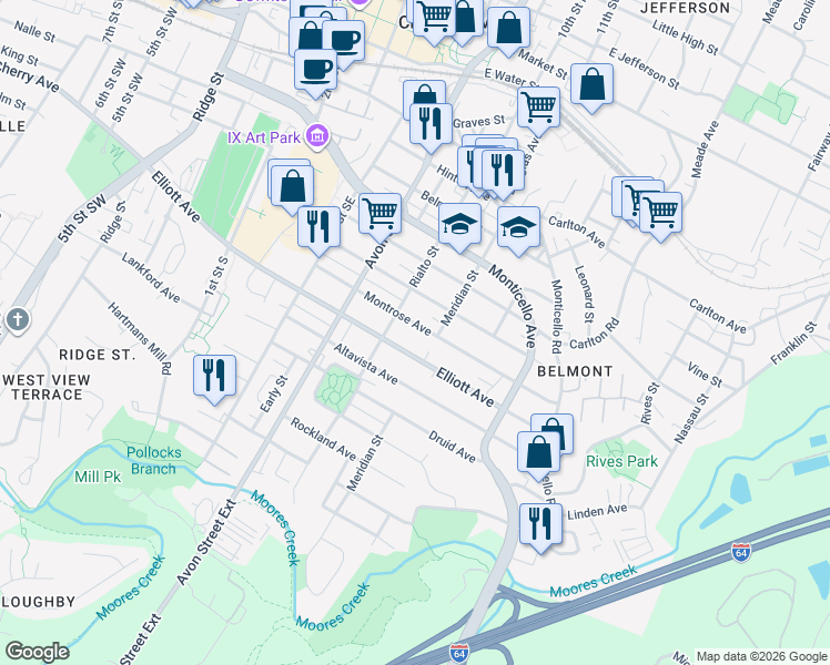map of restaurants, bars, coffee shops, grocery stores, and more near 812 Montrose Avenue in Charlottesville