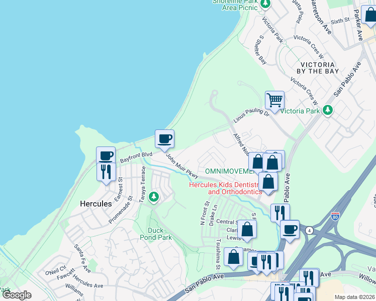 map of restaurants, bars, coffee shops, grocery stores, and more near 2002 Tioga Loop in Hercules