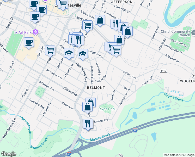 map of restaurants, bars, coffee shops, grocery stores, and more near 1224 Monticello Road in Charlottesville