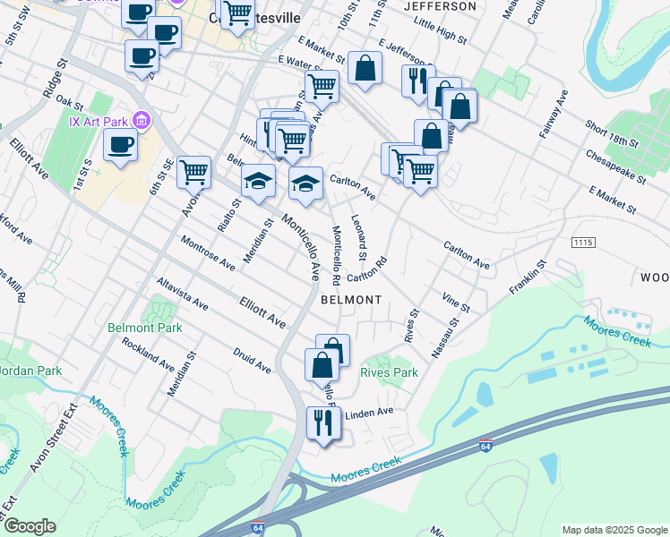 map of restaurants, bars, coffee shops, grocery stores, and more near 1224 Monticello Road in Charlottesville