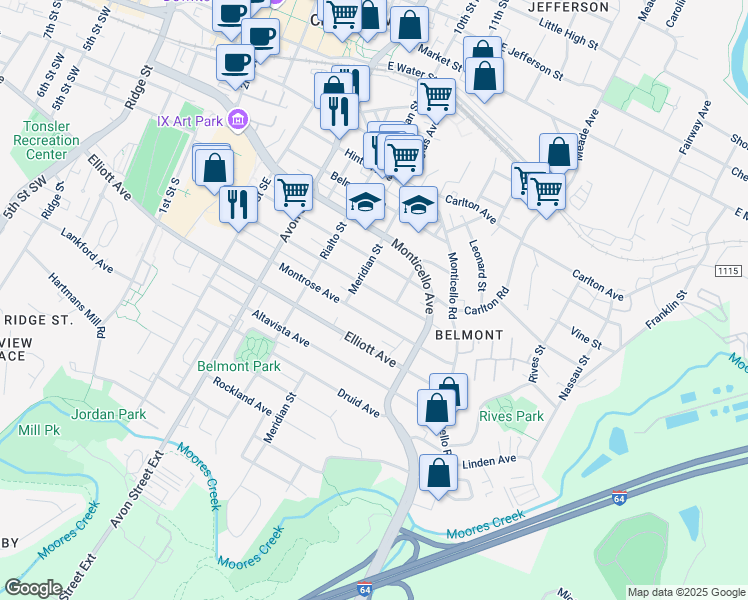 map of restaurants, bars, coffee shops, grocery stores, and more near 905 Montrose Avenue in Charlottesville