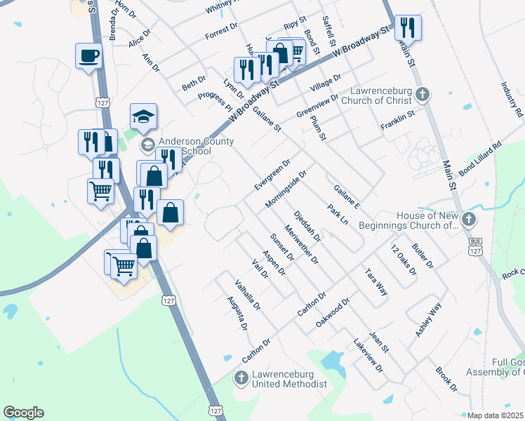 map of restaurants, bars, coffee shops, grocery stores, and more near 301 Sunset Drive in Lawrenceburg