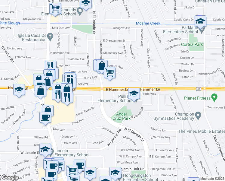 map of restaurants, bars, coffee shops, grocery stores, and more near 32 East Hammer Lane in Stockton
