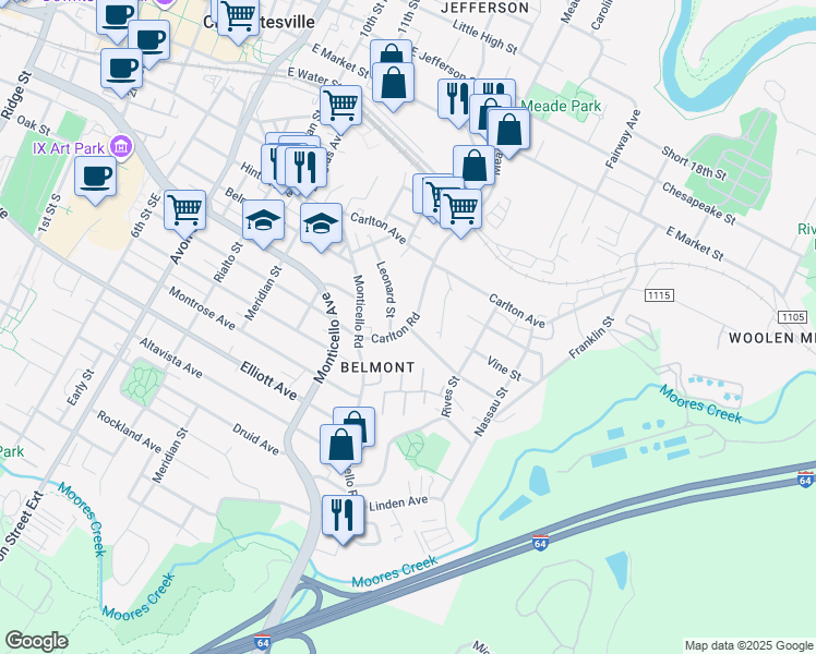map of restaurants, bars, coffee shops, grocery stores, and more near 1300 Hampton Street in Charlottesville