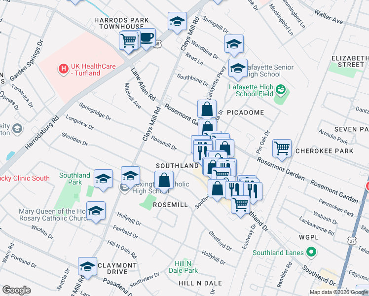 map of restaurants, bars, coffee shops, grocery stores, and more near 563 Rosemill Drive in Lexington