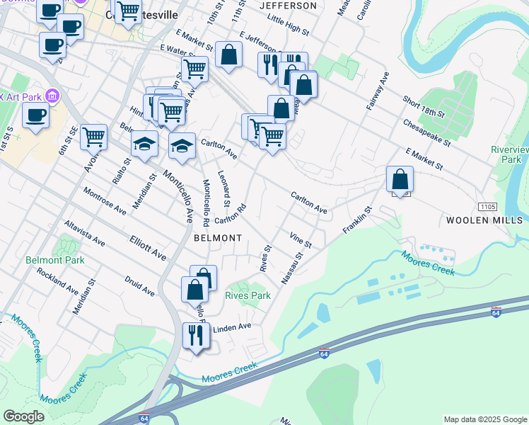 map of restaurants, bars, coffee shops, grocery stores, and more near 142 Junction Lane in Charlottesville