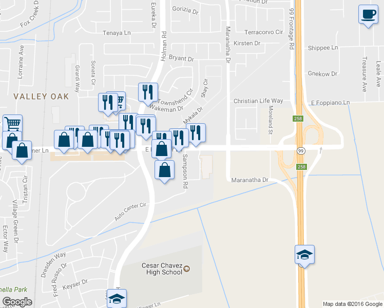 map of restaurants, bars, coffee shops, grocery stores, and more near 3810 E Hammer Ln in Stockton