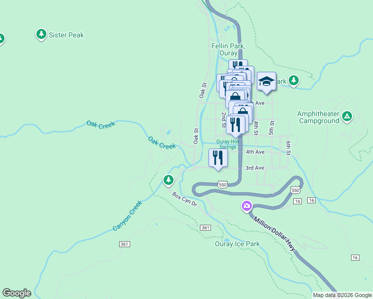map of restaurants, bars, coffee shops, grocery stores, and more near 12 Oak Cr Lane in Ridgway