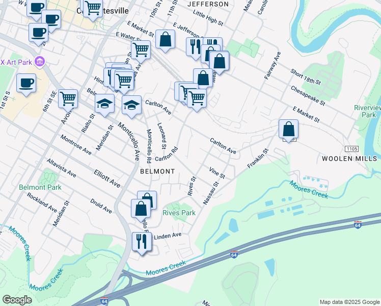 map of restaurants, bars, coffee shops, grocery stores, and more near 142 Junction Lane in Charlottesville